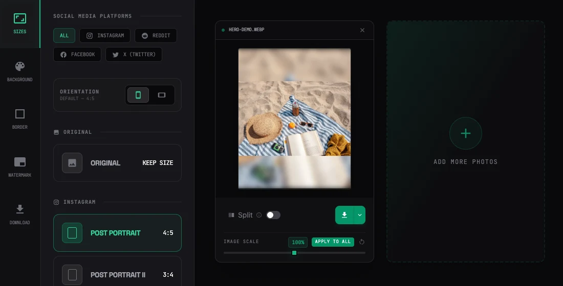 Screenshot of AspectFit showing a landscape 3:2 photo being padded to 4:5 portrait with a blurred background fill