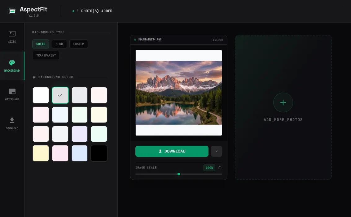 Screenshot of AspectFit showing a landscape photo with blurred background padding applied, ready to export at 4:5