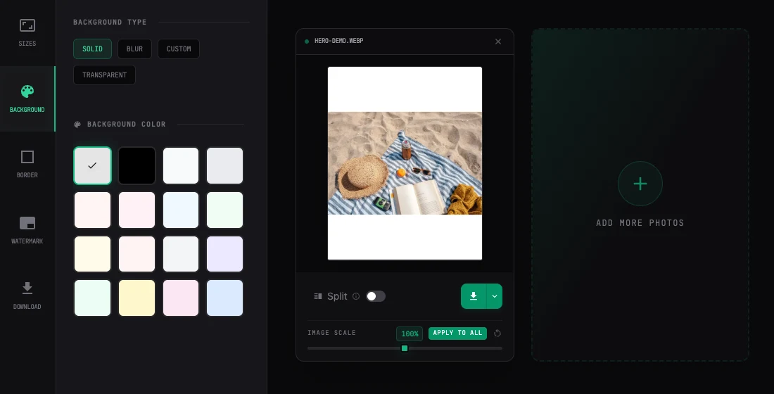Screenshot of AspectFit showing a landscape photo with white border padding applied to reach 4:5 aspect ratio
