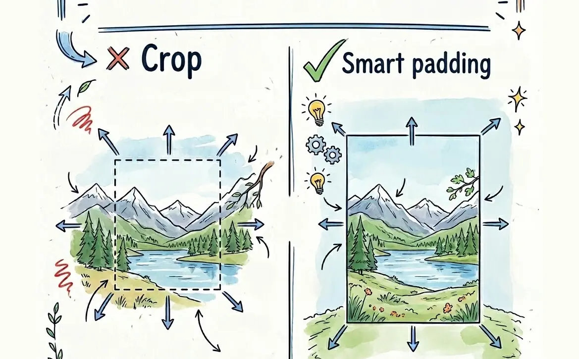 Side-by-side comparison: a cropped version of a landscape photo losing the edges vs. the same photo with smart padding showing the full composition intact